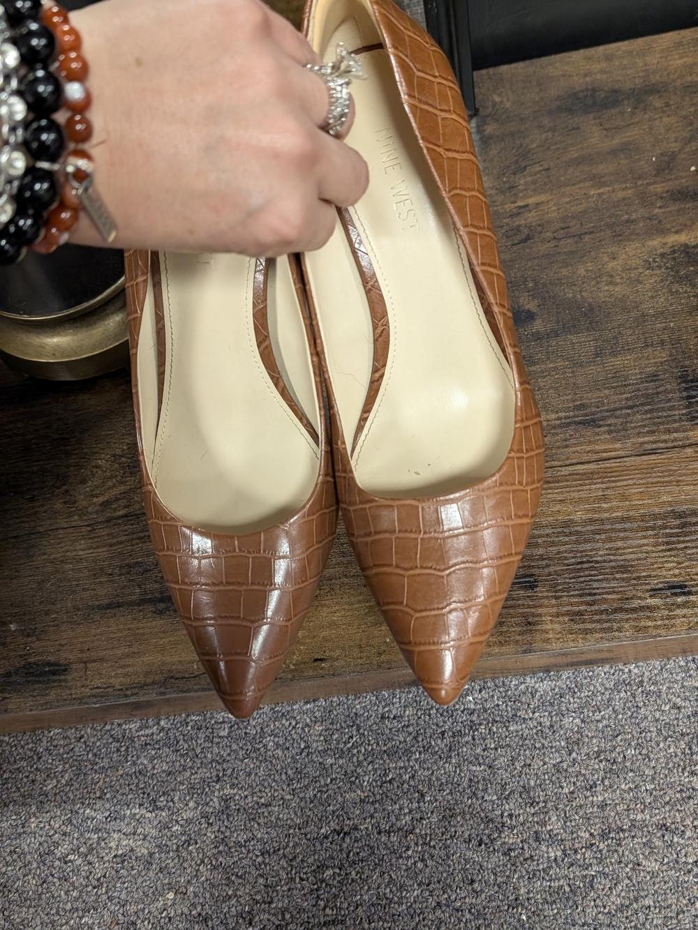 Nine West Brown Croc-Embossed Pointed Toe Pumps - Picture 5 of 11